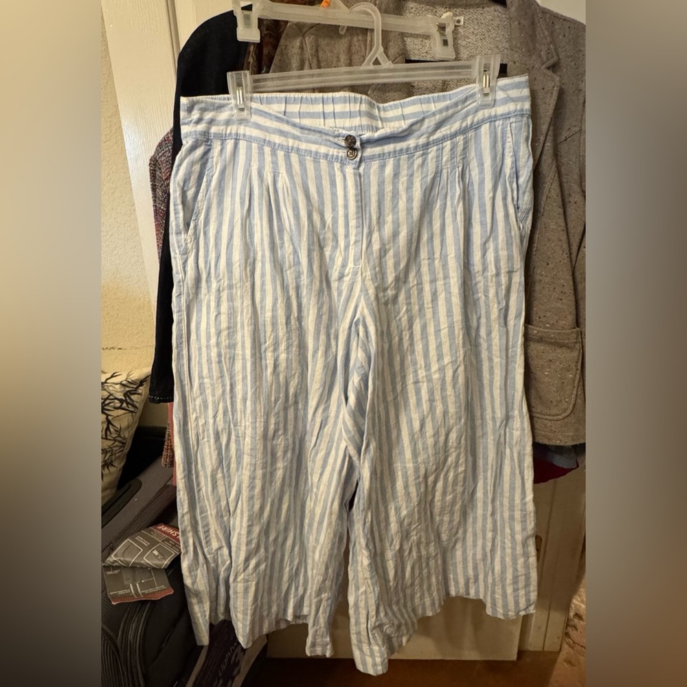 Light Blue and White Striped Wide-Leg Linen-Cotton Pants